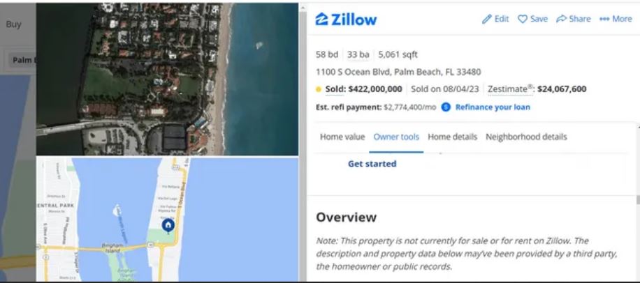 Screenshot Of Zillow Listing For Mar-A-Lago Before The Online Real Estate Marketplace Took It Down.